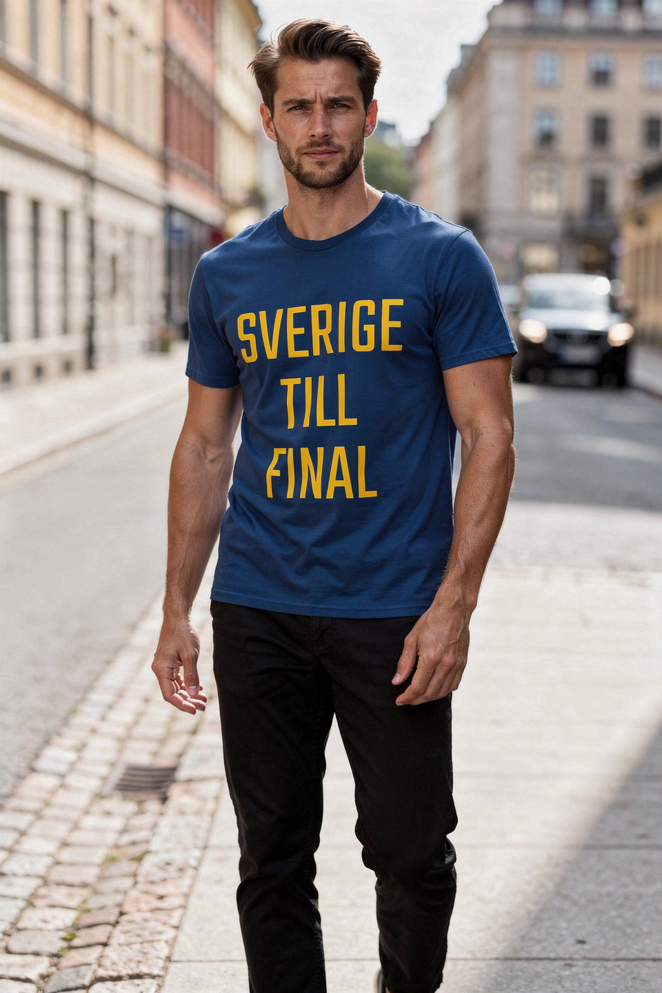 T-Shirt — SVERIGE TILL FINAL — SWE VM 2026 Blue & Yellow Soccer Tee